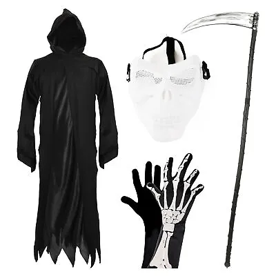 Skeleton Grim Reaper Adult Halloween Fancy Dress Costume Robe Mask Scythe Gloves • £18.99