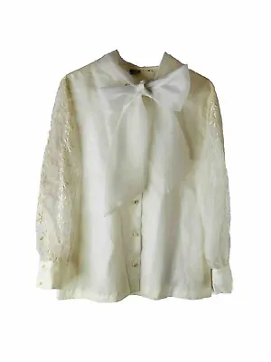 VTG 70s Womens XL Pussybow Sheer Puff Sleeve Blouse Shirt Coquette Secretary • $44.49