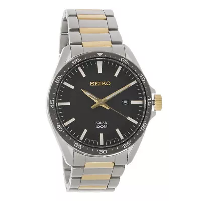 Seiko Mens Black Dial Two Tone Stainless Steel Solar Quartz Watch SNE485 • $97