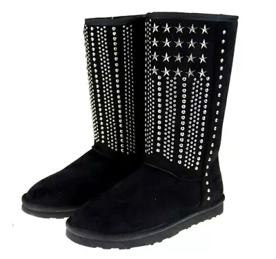 Winter Snow Sherpa Boots Size 6 Studded Black Mid Calf Patriotic USA • $55