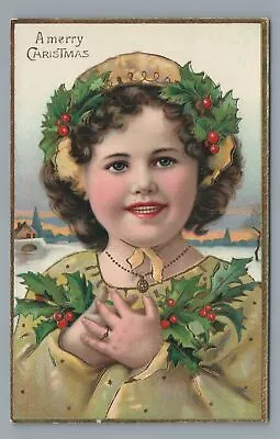 Cute Smiling Girl A Merry CHRISTMAS Holly Vintage Postcard • $4.99