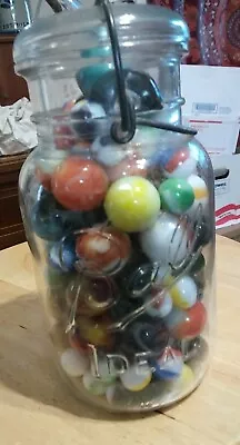 Lot Of Vintage Marbles In Vintage Quart Ball Ideal Canning Jar • $17.50