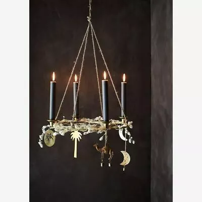 Round Antique Brass Jute Metal 4 Dinner Taper Candle Holder Hanging Chandelier • £25