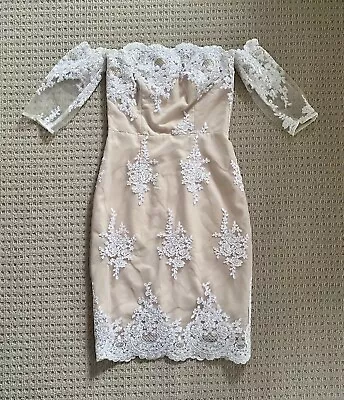 Elle Zeitoune Nude Cream Lace Off-shoulder Cocktail Dress Size 6 • $20