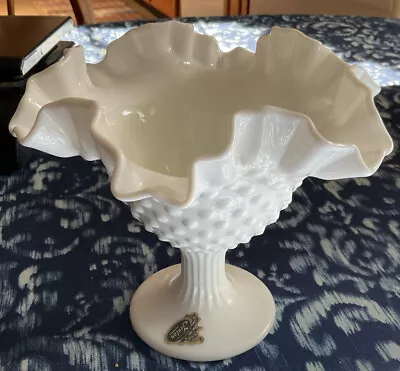 Fenton Pedestal Candy Dish Compote White Hobnail Milk Glass Ruffled Edge Vintage • $19.99