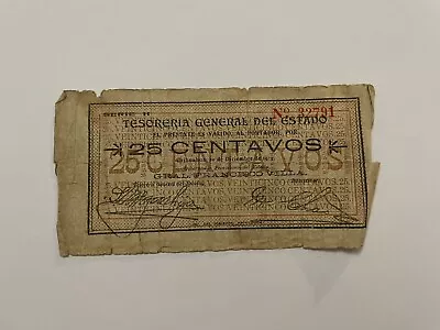 MEX Bank Notes: Tesorero General Del Estado 25 Centavos Serie H 1913 No. 32791 • $3.25