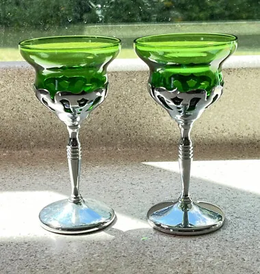 $15.99 • Buy E876~ VTG Pair Of Emerald Green Glass And Chrome Wine Wine Glasses Farber Bros 