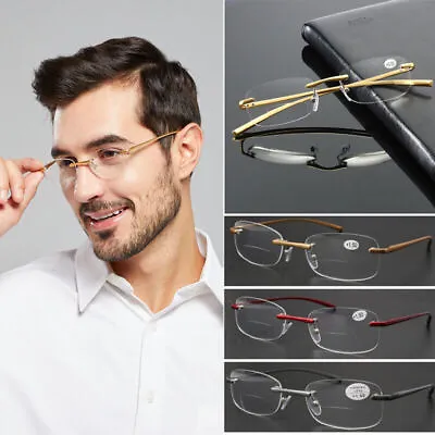 Mens Rimless Bifocal Reading Glasses Metal Readers Rectangle 1.0 1.5 2.0 2.5 3.0 • £8.39