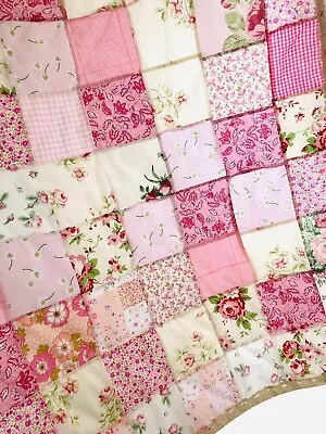 Cot Quilt Lap Quilt Chair Throw Patchwork Pinks Cottage Retro Handmade Vintage • £25