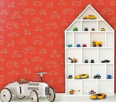 Orangey Red Childrens Cars Buses And Moped Wallpaper (10m Long X 53cm Width) • £2