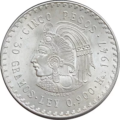 Mexico 5 Pesos 1947 Cuauhtemoc .900 Silver. BU. KM# 465 • $50