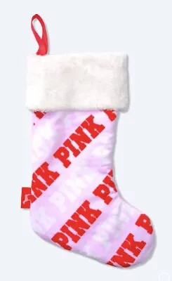 Victoria's Secret Pink Red Logo White Fuzzy Stocking Holiday Christmas Terry • $14.99