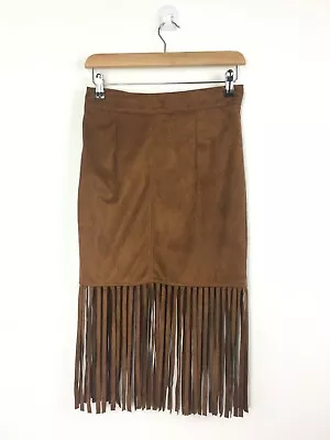 BNWT Glamorous 8 Tan Fringe Vegan Suede Pencil Skirt Cowgirl South Western Boho • £21.99