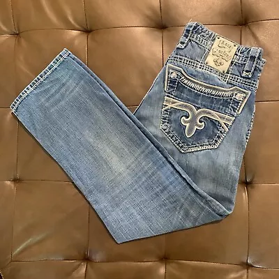 Rock Revival Mack Jeans Men’s 36 X 31 Bootcut Distressed Thick Stitch • $50