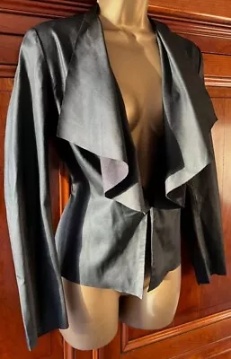 Zara Faux Leather Black Waterfall Drape Peplum Button Tie Jacket Long Sleeves S • £8.99