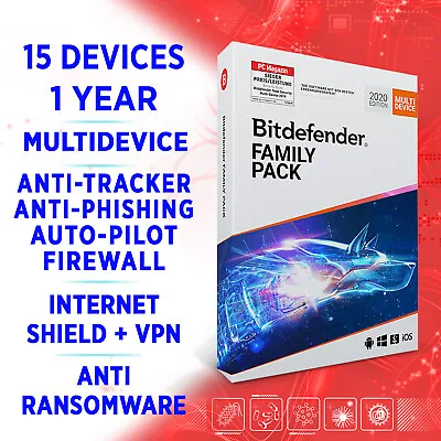 £39.90 • Buy Bitdefender Family Pack 2023 MULTIDEVICE 15 Devices 1 Year FULL EDITION Key +VPN