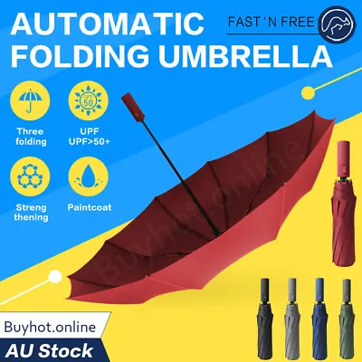$16.95 • Buy Automatic Folding Umbrella Windproof Auto Open Compact With 10 Ribs Fiberglass
