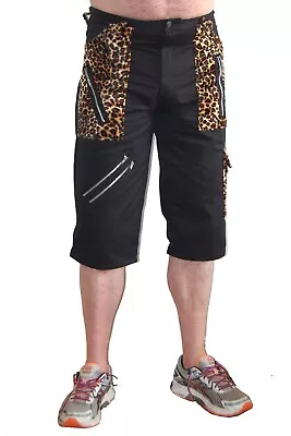 Tiger Of London Mens Punk Rock Black With Leopard Pocket Bondage Cotton Shorts • £27.99