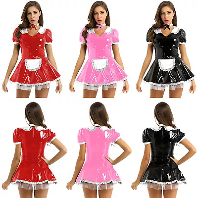 Women's French Maid Costume PVC Leather Wet Look Carnival Cosplay Fancy Dress • £7.35