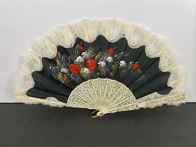Red White Flowers Cream Lace Womens Fan Vintage Collectible Asian Motif Classy • $3.96