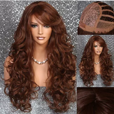 Hair Blend Wig Heat OK Curly Long Auburn Mix Bangs Layered Brown Daily Use • $50.83