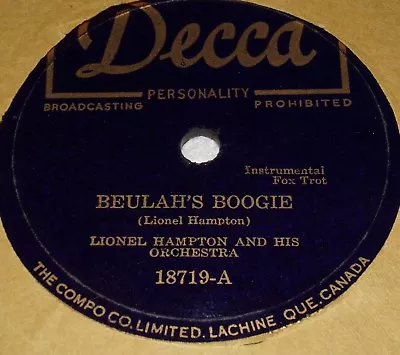Decca 18719 Lionel Hampton Beulah's Boogie / Million Dollar Smile 78 RPM V+ V+ • $8.19