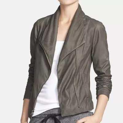 Vince Gray Leather Jacket Size XS Paper Ribbed Side Panels Moto Asymmetric Zip • $65.99