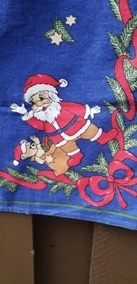 Vintage Blue Table Cloth Topper Santa And Presents Bows Holly Stars 28  X 32  • $14.50