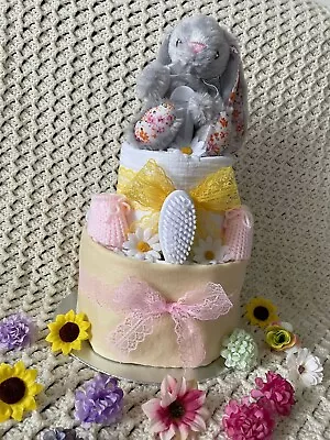 Nappy Cake Two Tier Newborn Baby GirlSoft Toy Bunny.  Baby Shower Leavers Gift • £24.99