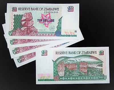 5 X Zimbabwe 10 Dollar Banknotes (1997)-Uncirculated & Consecutive Currency • $15.16