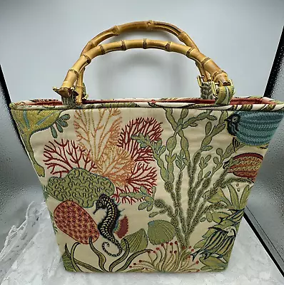 Vintage Carpet Bag Seahorse Sea Shell Bamboo Handles Starfish Palmetto Purse • $37.50