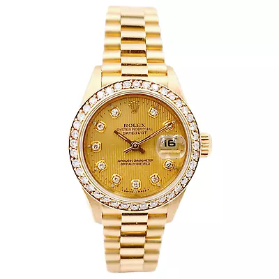 Ladies Rolex 26mm Presidential 18K Gold Watch With Tapestry Dial & Diamond Bezel • $12995