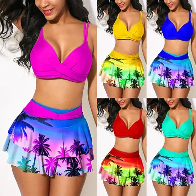 Summer Women Swimsuit Holiday Beachwear Swimming Color Bikini Swim Skirt Set • £11.99