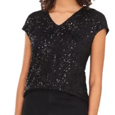 Vince Camuto Sequined Dolman-Sleeve V-Neck Blouse Black L NWT MSRP $79 • $21.53