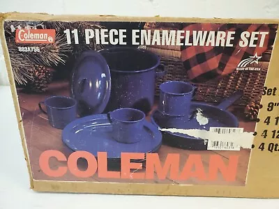 Vintage Coleman Enamelware 11 Piece Set (Fry Pan Plates Mugs Pot & Cover) USA • $65