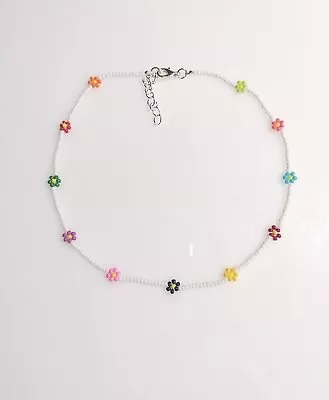 White & Colourful Daisies Beaded Boho Choker Necklace Handmade By ~BornToFly~ • £3