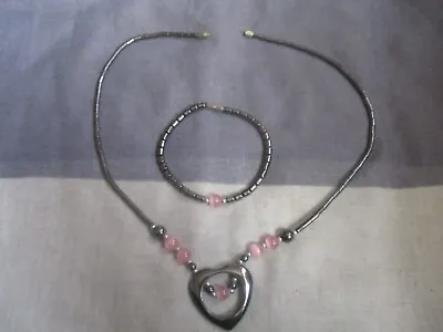 Hematite & Pink Glass Heart Necklace & Bracelet  -20 Inch  (1174) • £1.99