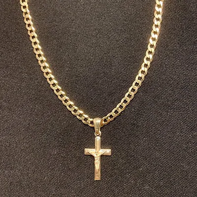 Gold Chain Cuban Curb 20in 4mm And Gold Cross Pendant Set .925 Italy  • $54.99