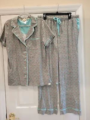 Munki Munki Women's Pajama Set SZ XL Gray W/Blue Whales Cotton Blend • $30