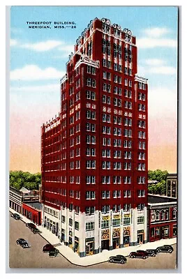 Postcard Meridian MS Mississippi Three Foot Building Linen Cars C 1940's Linen  • $4.90