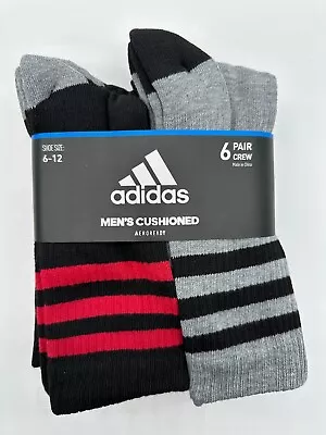 New 6 Pairs Adidas Mens Crew Socks Cushioned Shoe Size 6-12 Black / Red / Grey • $16.99