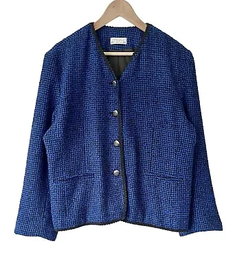 Vintage 80s Principles Boucle Blazer Size 18 Blue Black Wool Blend Houndstooth • £24.95