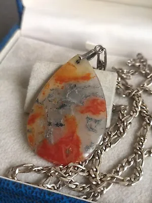 Vintage Sterling Silver Scottish Moss Agate Pendant Figaro Chain Necklace 15.9g • £30