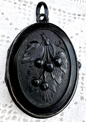 Antique Victorian Vulcanite CHERRIES Mourning Locket Pendant • $339.99