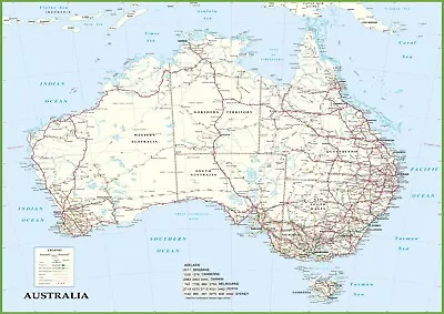 Detailed Map Of Australia Roads Poster Print Choose Your Size Unframed. • $23.95