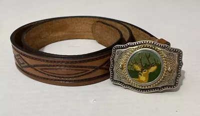 Vintage Tooled Too Grain Leather Belt Deer Head (buck) Buckle Size 36 Men • $19.99