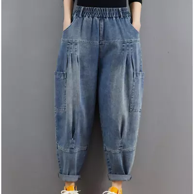 Lady Tapered Denim Pants Trousers Hippie Casual Loose Frill Elastic Waist • £27.40