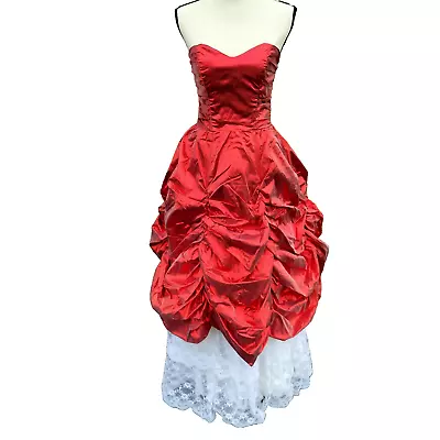 Vintage 1980s Red Metallic Taffeta White Lace Nadine Prom Dress Sz 7 Union Made • $99