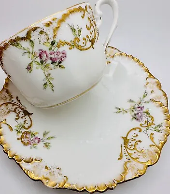 ANTIQUE T&V LIMOGES FRANCE CUP & SAUCER DROP ROSES APPLIED GOLD TEACUP C.1900 • $59.99