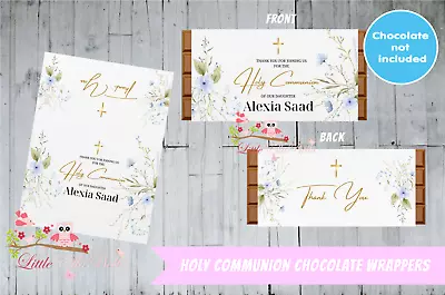 PERSONALISED THANK YOU CHOCOLATE WRAPPER - Holy Communion Floral Baptism • $10